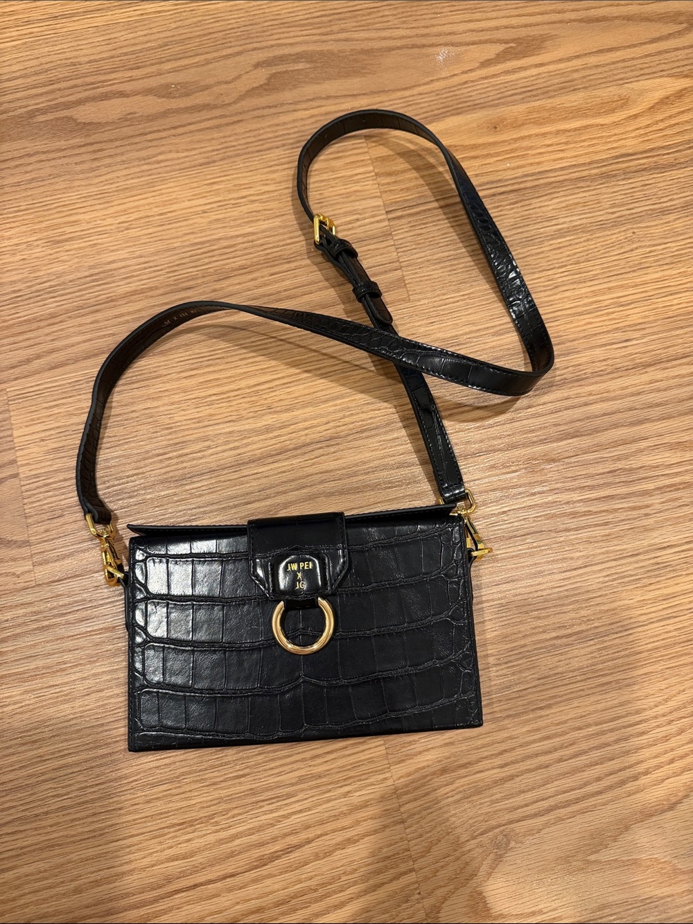 JW PEI Black Croc Crossbody with Gold Ring Detail
